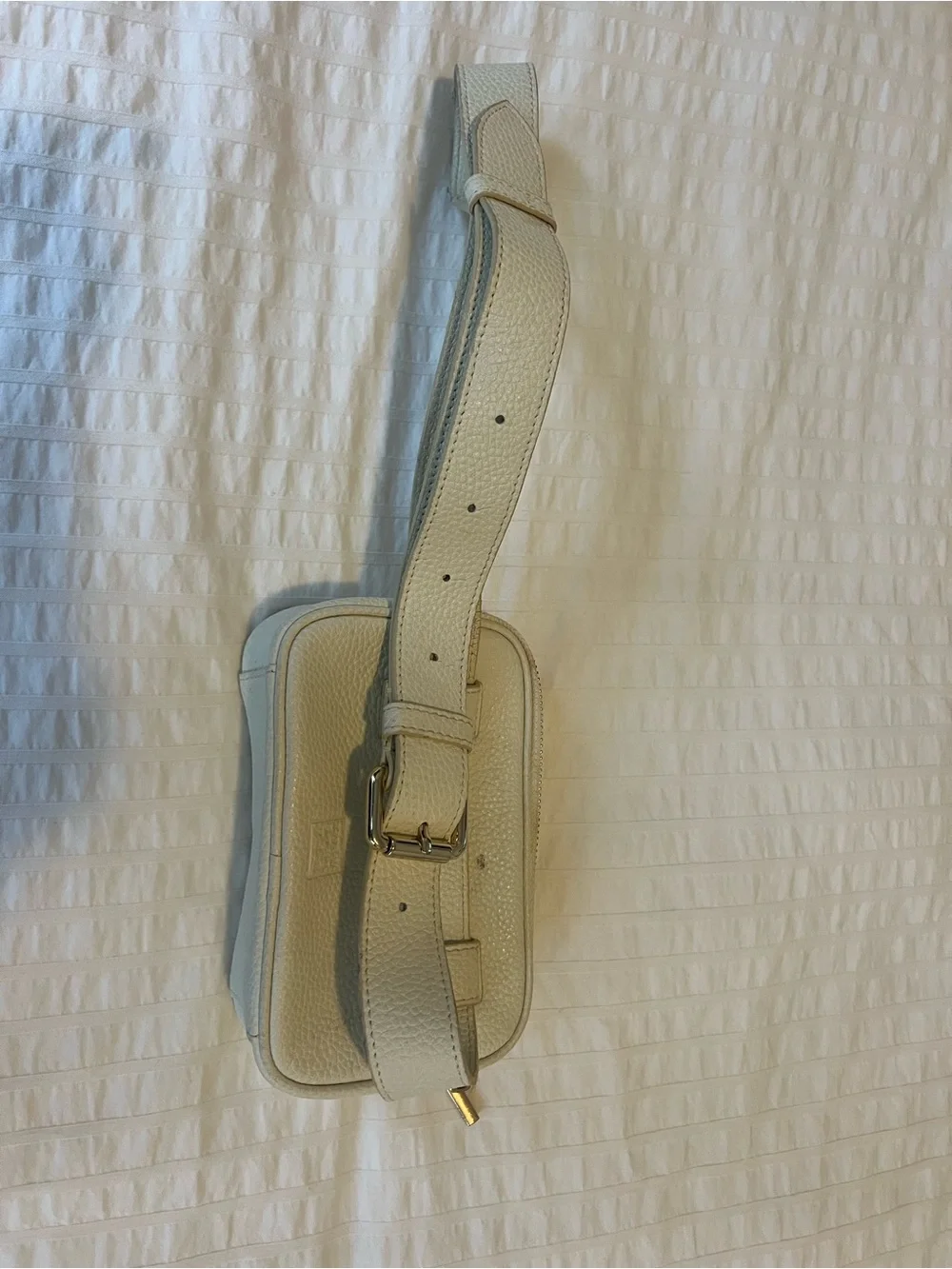 Cream Perforated Leather Crossbody Belt Bag with Adjustable Strap
